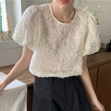 Toloer Chic Sweet Flower Texture Sense Short-Sleeved Chiffon Shirt Female Summer New French Temperament Small Shirt Jacket-Outfit