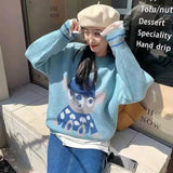 Autumn Little Bear Cute Blue Sweater Women 2021 New O-neck Design All-match Pullovers Korean Loose Lazy Long Sleeve Knitted