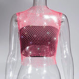 Toloer Nightclub Dresses Fishnet Hollow Out Rhinestone Vest Mesh Flash Diamond Sling Top
