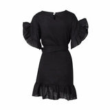 Casual Ruffles Women Dress O Neck Short Sleeve High Waist Lace Up Asymmetrical Mini Dresses Female Fashion