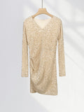 Toloer Lined Elegant French V Collar Sequin Wrapped Hip Skirt Slim Pleated Long Sleeve Skirt Gold Wind Velvet