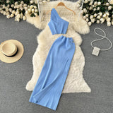 Purple Summer Women Solid 2 Piece One Shoulder Crop Top Tanks Slit Midi Skirt Set Bodycon Sexy Party Elegant