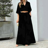 Toloer Women's V-Neck Lantern Sleeve Short Long Sleeve Top Wide Leg Pants Fashion Casual Suit
