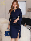 Han Queen New V-Neck Split Vintage Vestidos Simple Chic Work Wear Dress Women Office Bodycon Sheath Casual Pencil Dresses-Outfit