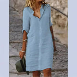 Ms.'S New Solid-Color Casual Casual Collar Single-D Row Buckle Sleeve Cotton Shirt Mid-Long Dress