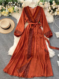 Fashion Women Chiffon Dress Ladies Printed Lace-up Waistband Long Sleeved Sashes Waist Slim Style Swing Long A-line