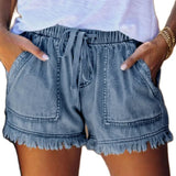 Women's Washed Denim Shorts, Casual Drawstring Elastic Waist Frayed Hem Loose Short Jeans-Outfit