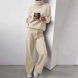 Turtleneck Tracksuit Suit Female Autumn Solid Casual Tops Pullovers Long Sleeve Long Pants Two Piece Sets Homewear