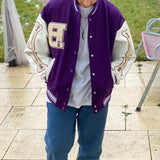 Women Leather Baseball Jacket Harajuku Bone Letter Varsity Bomber Jackets Hip Hop Streetwear Men College Breasted Coats