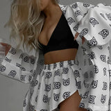 Toloer New Loose Print Women's Casual Tie Long Sleeve Pajamas High Waist Shorts Set Home Clothes-Outfit