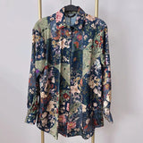 New Women's Autumn Printing Multi-Color Silk Sipping Long-Sleeved Collar Loose Shirt