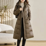 Over The Knee White Duck Down Down Jacket Female Long Winter 2024 New Fashion Waist Belt Show Thin Warm Coat Tide-Outfit