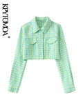 Women Fashion Tweed Gingham Cropped Jacket Coat Vintage Long Sleeve Snap-button Frayed Hem Female Outerwear Chic