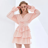 Solid Color Ruffle Summer Dress For Women V Neck Flare Sleeve High Waist Bowknot Dresses Female Fashion New