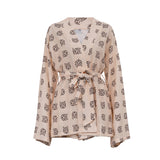 Toloer New Loose Print Women's Casual Tie Long Sleeve Pajamas High Waist Shorts Set Home Clothes-Outfit