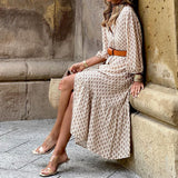 Toloer Spot 2024 Autumn / Winter New Fashion Belt Printing V-Collar Simple Temperament Long Dress-Outfit