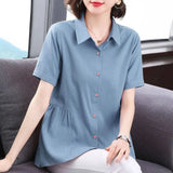 Women's Clothing Short Sleeve Shirt New Summer Loose Solid Color Blouse Lapel Button Shirring Fashion Elegant Office Lady Tops-Outfit