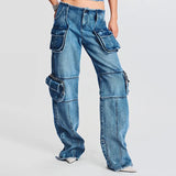 Toloer 2024 New Fashion High Street Design Sense Pocket Stitching Tooling Wind High Waist Straight Tube Denim Warehouse Pants Women-Outfit