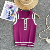 Style Striped Knitted Sleeveless Vest Women's Summer Collar Slimming Design Chic Beautiful Little Man