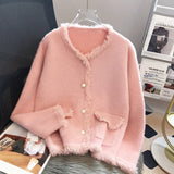 Socialite Small Sweet Wind Sweater Coat Female Senior Sense Delicate Autumn And Winter Pink Temperament Chic Knit Cardigan-Outfit