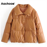 Aachoae Women High Street PU Leather Thin Parka Coats Fashion Solid Faux Leather Jacket Coat Female Chic Winter Cotton