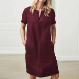 Summer Elegant Linen Dress Homewear Long Sleeve V-neck Holidays Vacation Beach Casual Solid Dress With