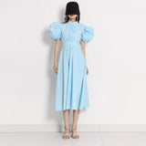 Loose Casual Dress For Women Round Neck Puff Sleeve High Waist Solid Minimalist Midi Dresses Female Summer