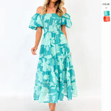 Summer Women's Uniform Collar Chiffon Bubble Sleeve Layered Print
