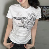 Toloer Graffiti Star Print Bottom Shirt T-Shirt Women's Round Collar Slim Short Sleeve Thread Knit Casual Top-Outfit