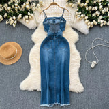 Port Style Vintage Denim Dress Design With A Long Sling Dress In The