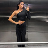 Toloer Women's New Fashion Sexy Inclined Shoulder Single Sleeve Fold Open Waist Slit In The Long Women's Dress-Outfit