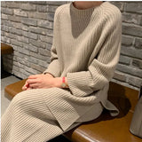 2022 Autumn Winter 2 Pieces Women Sets Knitted Tracksuit O-Neck Split Sweater and Wide Leg Jogging Pants Pullover