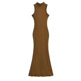 Trendy Women's Dress Is Full Of Style, Elastic, Slim, Half-High Collar, Sleeveless Vest, Long Skirt, Buttocks, Fishtail Dress-Outfit