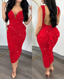 Toloer Temperament Elegant Solid Color Wrap Hip Dew Back Deep V High Waist Bow Stretch Slit