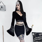 Long-Sleeved Bottomed Shirt Sexy Perspective Navel T-Shirt Ins Lace Flared Sleeve Slimming Blouse-Outfit