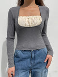 Square collar Lace Crop Top-Outfit