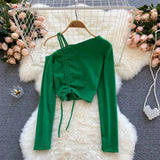 Off Shoulder Strap Blouse Women Diagonal-Collar Long Sleeve Slim Tops Summer Korean Off Shoulder Short