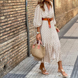 Toloer Spot 2024 Autumn / Winter New Fashion Belt Printing V-Collar Simple Temperament Long Dress-Outfit