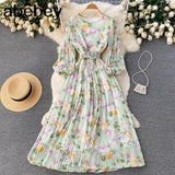Autumn Bohemian Women Tie Dye Printed Pleated Long Dress Boho O Neck Puff Sleeve High Waist Draped Maxi Vestido