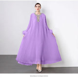 Women's Dress 2025 New Famous Heavy Industry Drilled Hair Sleeves To Close The Waist Pressure Folding Long