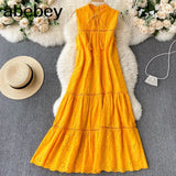 Dress Women Summer Sleeveless Mid-calf Dress Solid Lace-up V-neck Loose Waist Embroidery Hollow Beach Holiday