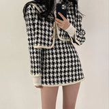 Women's Houndstooth Two-Piece Set Female Korean Sailor Collar Single-Breasted Short Coat and High Waist Bag Hip Mini Skirt