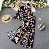 Vacation Beach Two Piece Set Women Sexy V-Neck Bandage Short Tops + High Waist Split Wide Leg Pant Suit Spring