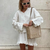 Toloer Women's Summer New Set Beige Long Sleeve Loose Casual Shirt High Waist Shorts Two-Piece Set-Outfit