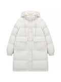 Korean Large Pocket Long Down Jacket Female 2024 Winter Fashion Thick Hooded Over The Knee Sweet White Duck Down Coat-Outfit
