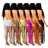 Toloer New Women's Solid Color Knit Sexy Strapless Tassel Beach Dress-Outfit