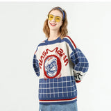 Baseball Uniform Space Cat Grid Numbers Embroidery Sweater Harajuku Retro Style Knitted Sweater Cotton Pullover