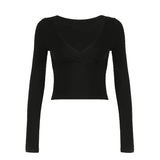 Solid Color Large V-Neck Cross-Bottomed Blouse Hot Girl Sexy Short Navel Tight Long-Sleeved T-Shirt Woman-Outfit
