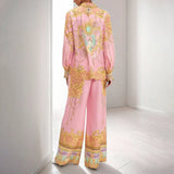 Women's Long-Sleeved Pink Printed Shirt Trousers Casual Fashion Suit Women