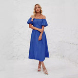 Women's Out-Shoulder Foam Short-Sleeved Folded High-Waisted Summer Solid-Colored